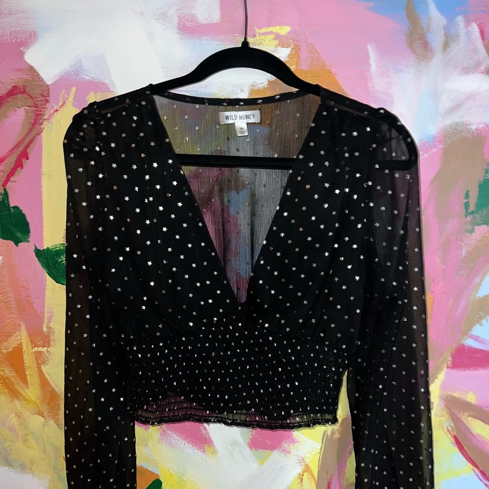 Wild Honey Black Sheer Blouse with Star Pattern